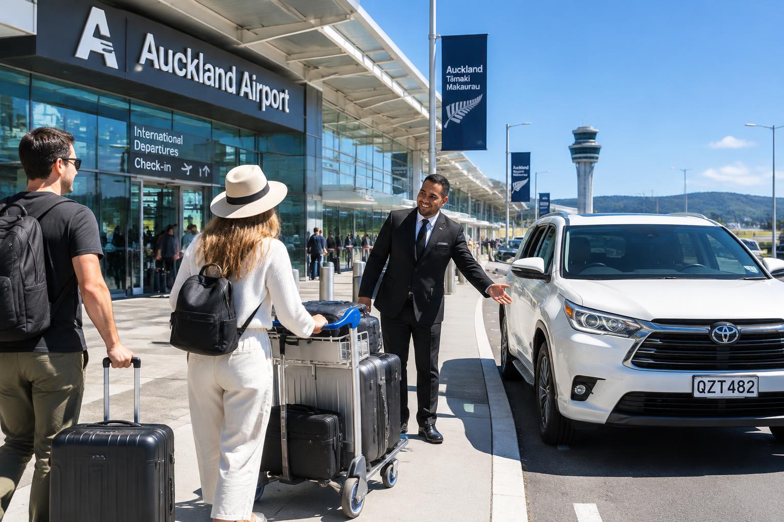 Chauffeur greeting travellers outside Auckland Airport