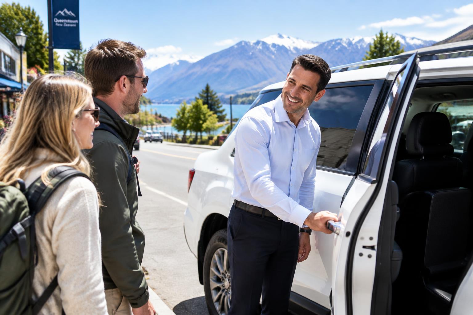 Friendly driver welcoming guests to the vehicle