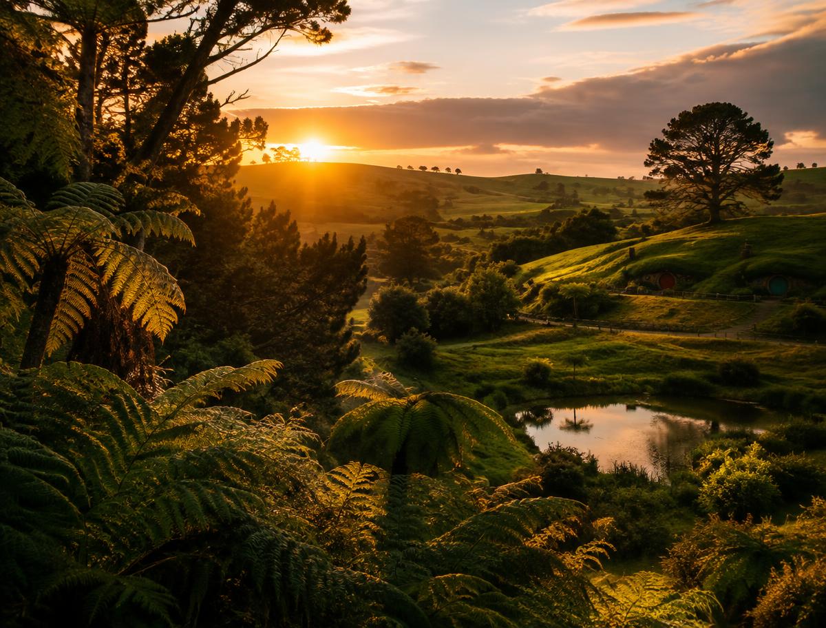 Green rolling hills of New Zealand at sunset