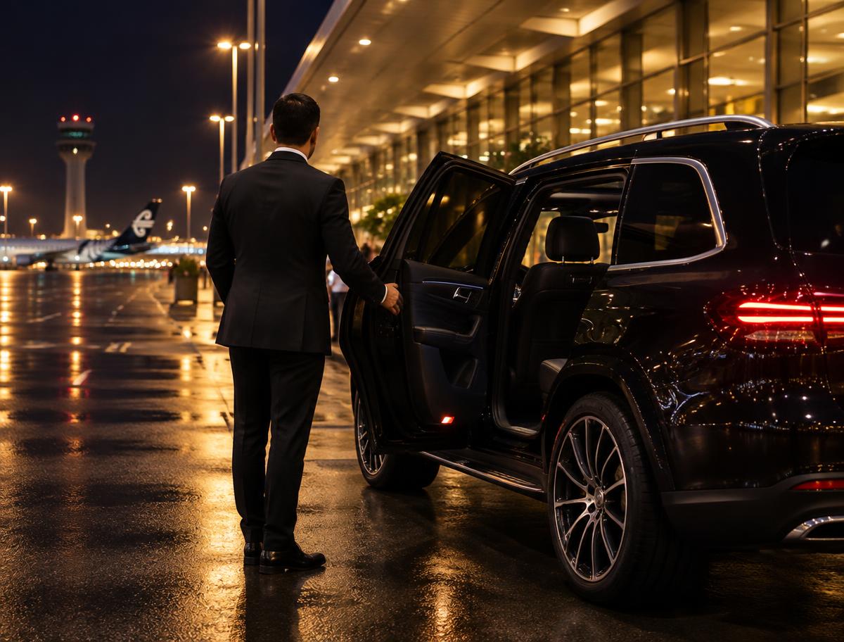 Chauffeur opening the door of a black SUV at the airport